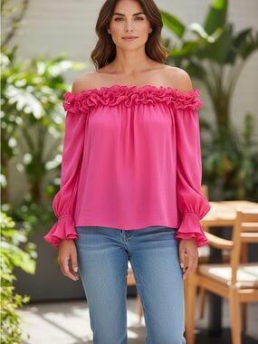 Vine & Love Ruffled Off-Shoulder Blouse in Bright Pink